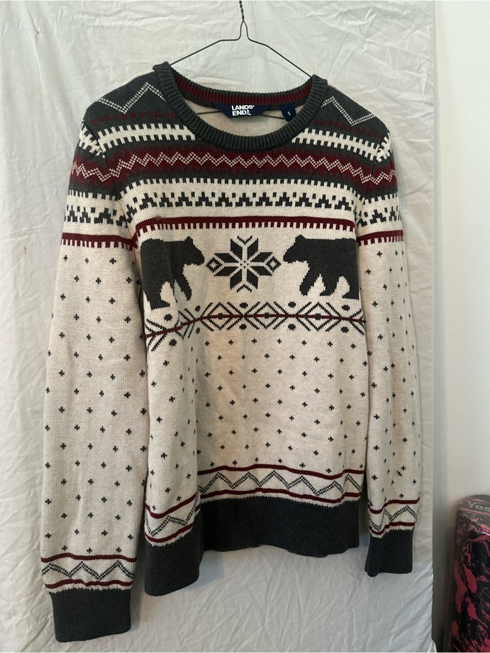 Lands' End Men's Cream Fair Isle Bear Crewneck Sweater